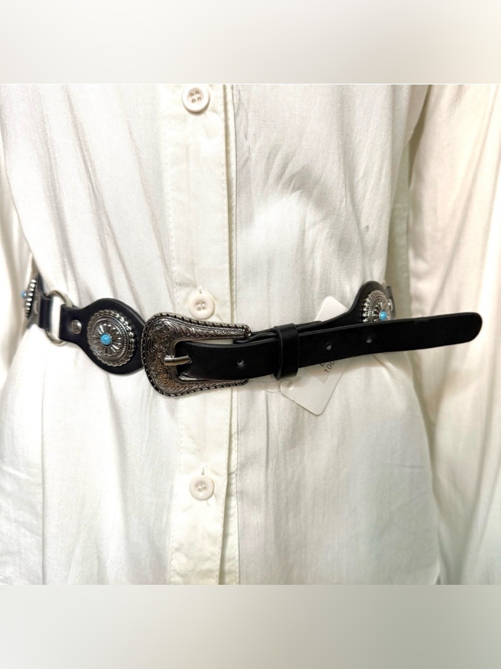 Black PU leather skinny belt with silver concho details
